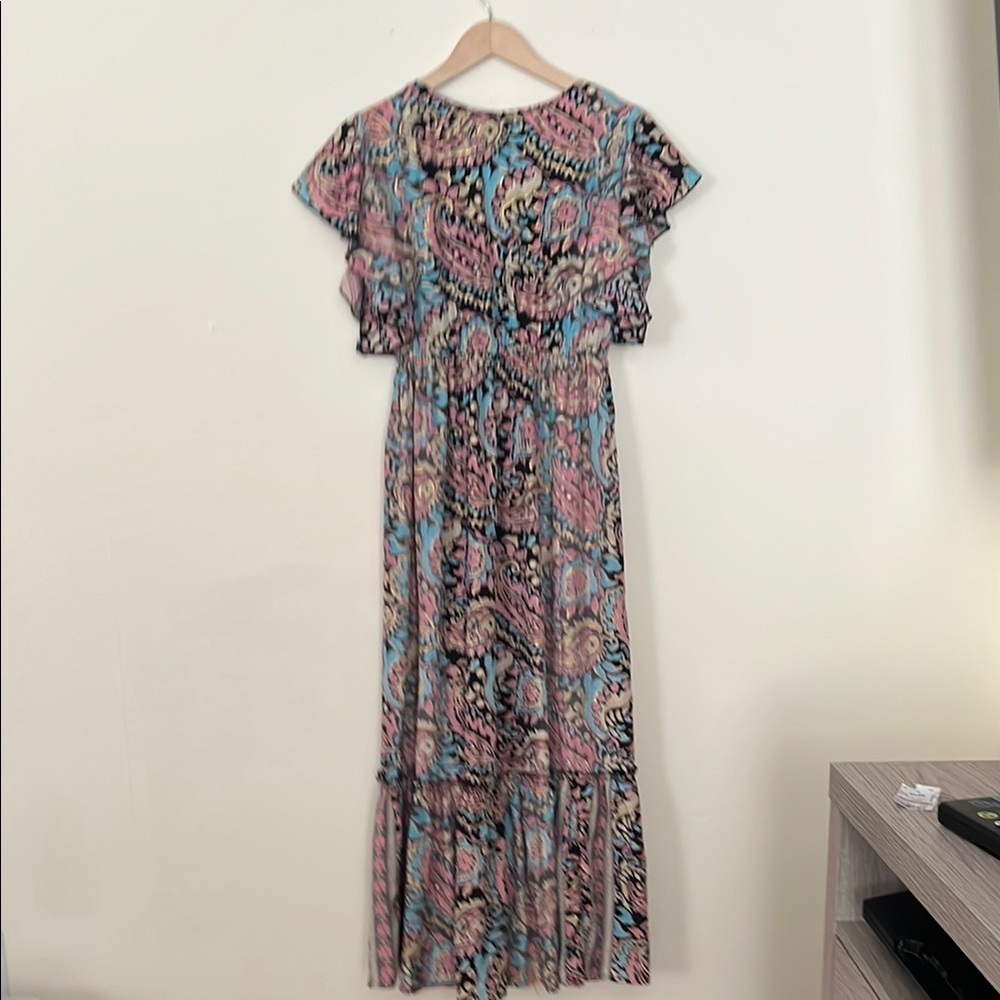 Me 2 Magic Anthropologie Maxi Dress‎ Medium Paisley Boho Metallic Whimsical Glam